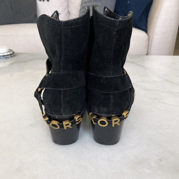 Michael Kors Goldie black suede western ankle boot / bootie, gold hardware - Picture 3 of 8